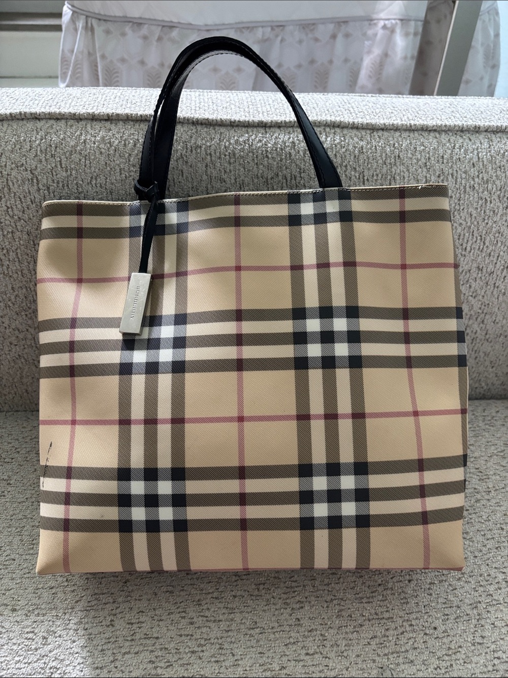 Classic Beige Plaid Tote Bag with Black Handles